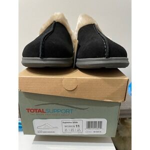 Spenco Supreme Slide Women 11 Black Suede Shearling Orthotic Slippers